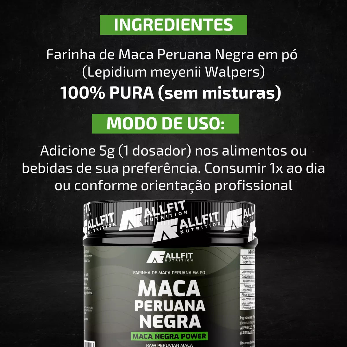 Maca Peruana Negra Premium en Polvo 100% Pura 150g Maca Peruana Cruda Sin Sabor - Allfit Nutrition