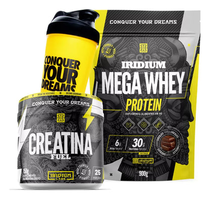 Kit Whey Protein Mega 900g + Creatina Fuel 150g + Shaker Iridium Labs - Sabor Chocolate